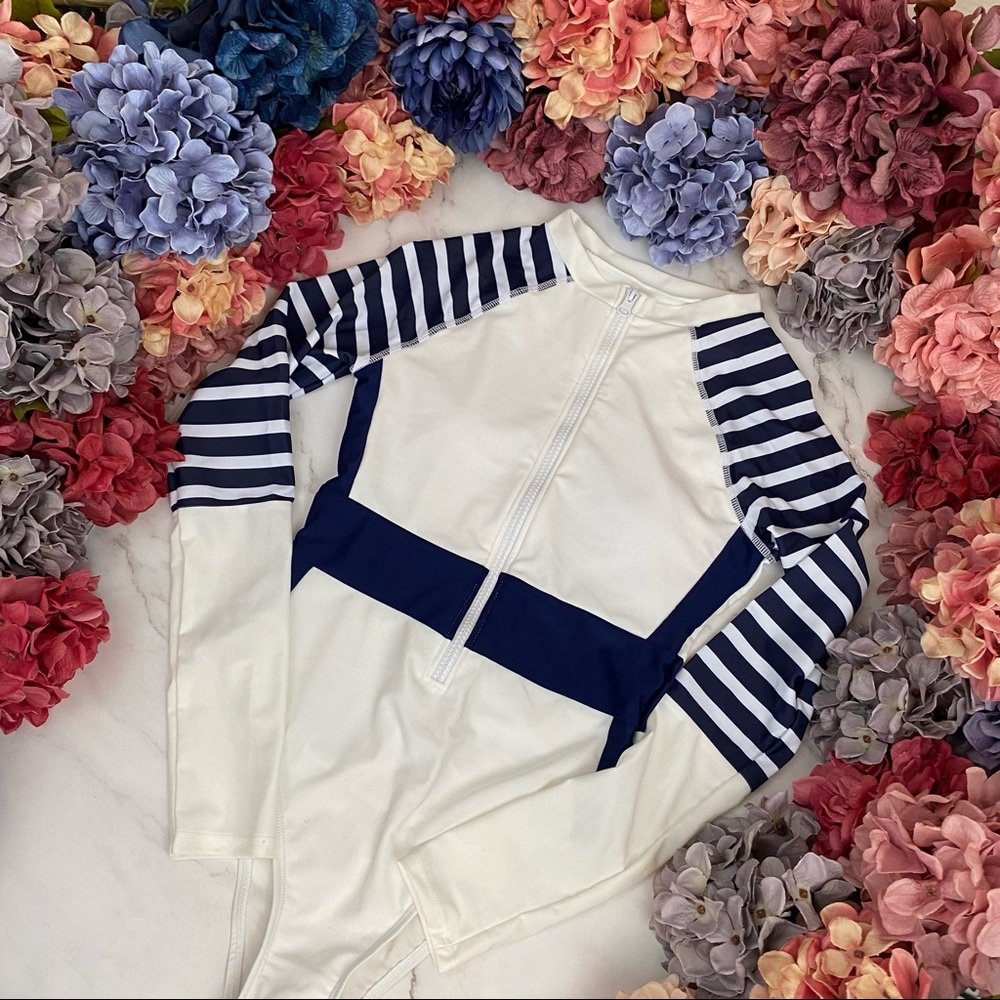 Sporty White and Navy Blue Striped Zip-Up Long Sleeve Rash Guard Swimsuit - Picture 8 of 16